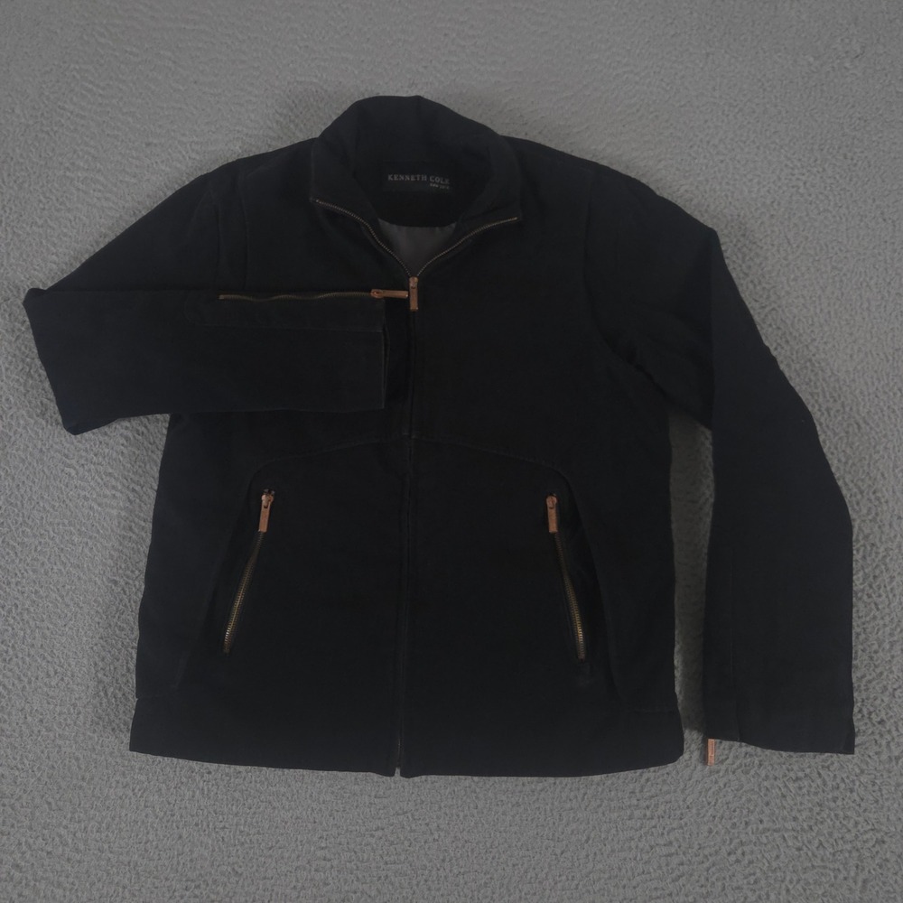 Kenneth Cole Jacket Mens Medium Black Solid Cotton Full Zip Moto Copper Hardware